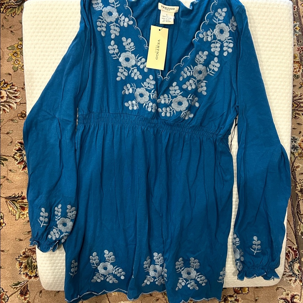 Vertigo Embroidered Blue Tunic Long Sleeve Top-L - Picture 3 of 9